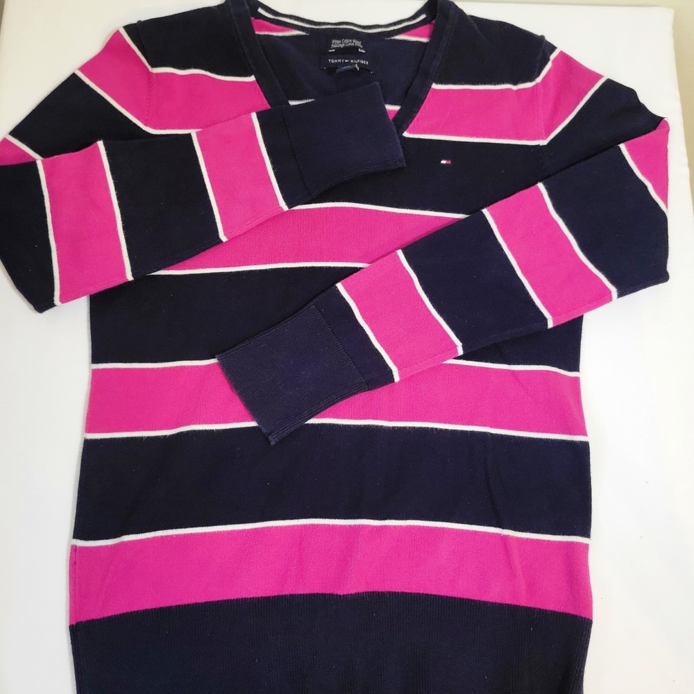 Tommy Hilfiger Womens Pima Cotton V-Neck Striped Sweater Navy Pink White Small